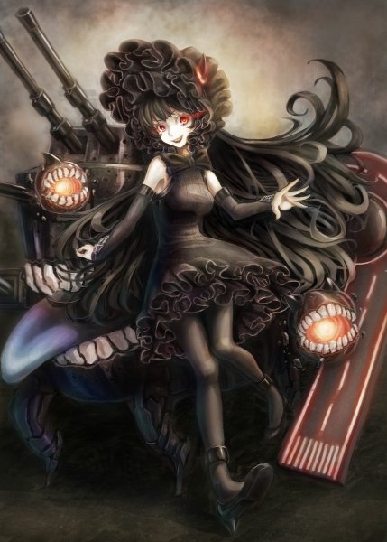 Anime picture 858x1200 with kantai collection isolated island hime dr.beeeee single long hair tall image fringe breasts open mouth black hair smile red eyes looking away bent knee (knees) glowing glowing eye (eyes) knees touching shinkaisei-kan girl dress