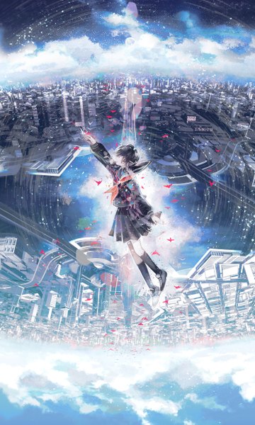 Anime picture 1500x2502 with original chris (pixiv) single tall image short hair black hair cloud (clouds) eyes closed pleated skirt night night sky tears outstretched arm city cityscape top-down bottom-up girl skirt uniform school uniform