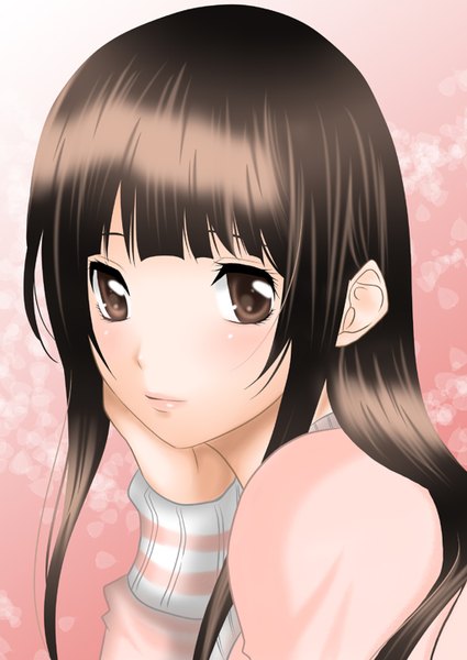 Anime picture 1024x1446 with bakuman. j.c. staff azuki miho single long hair tall image simple background brown hair brown eyes light smile topless face girl