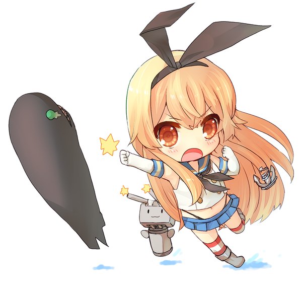 Anime picture 1330x1260 with kantai collection shimakaze destroyer rensouhou-chan i-class destroyer sawatari (sado) long hair blush open mouth simple background blonde hair white background pleated skirt orange eyes alternate age shot punch girl thighhighs skirt gloves