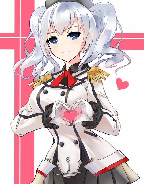 Anime picture 800x1021 with kantai collection kashima training cruiser niyu single long hair tall image looking at viewer blush fringe breasts smile white background twintails silver hair pleated skirt aqua eyes symbol-shaped pupils heart hands girl skirt