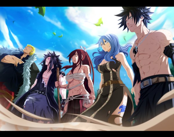 Anime picture 1200x950 with fairy tail erza scarlet gray fullbuster juvia lockser gajeel redfox laxus dreyar tremblax i-azu themnaxs minatosama207 ricardonamikaze long hair short hair blue eyes light erotic black hair blonde hair multiple girls blue hair sky