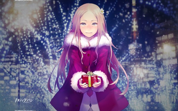 Anime picture 1920x1200 with guilty crown production i.g ouma mana redjuice single long hair looking at viewer highres wide image yellow eyes pink hair hair flower light smile scan inscription girl hair ornament jacket fur gift