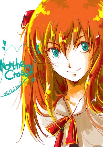 Anime picture 1600x2273 with neon genesis evangelion rebuild of evangelion evangelion: 2.0 you can (not) advance end of evangelion gainax soryu asuka langley shikinami asuka langley single long hair tall image looking at viewer smile white background multicolored hair aqua eyes orange hair inscription two-tone hair soft beauty girl