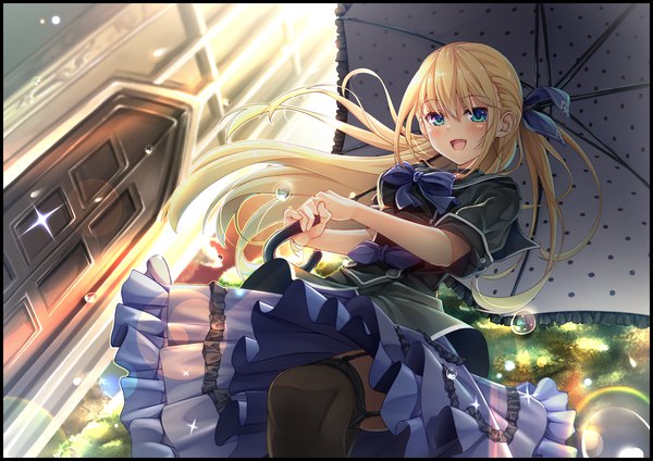 Anime picture 2000x1414 with original moeki yuuta single long hair looking at viewer blush highres open mouth blue eyes blonde hair outdoors sunlight sparkle from below looking down rain sunbeam girl thighhighs dress