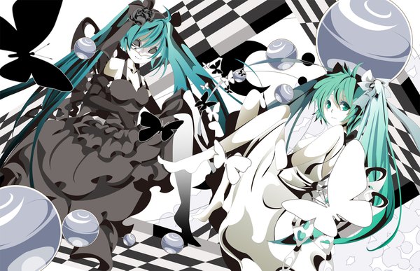 Anime picture 2000x1291 with vocaloid hatsune miku sakisato kiriko long hair highres twintails multiple girls green eyes green hair checkered girl dress gloves 2 girls elbow gloves black dress insect butterfly mask