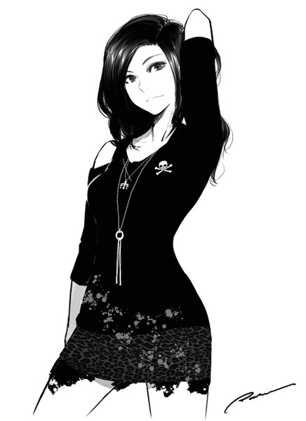 Anime picture 930x1280 with original poaro single long hair tall image looking at viewer black hair simple background standing white background short sleeves torn clothes adjusting hair monochrome skull and crossbones skull print girl skirt jewelry cross