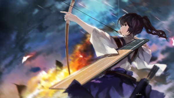 Anime picture 1511x850 with kantai collection kaga aircraft carrier swd3e2 single long hair black hair wide image signed looking away ponytail traditional clothes japanese clothes grey eyes side ponytail smoke explosion girl weapon armor bow (weapon)