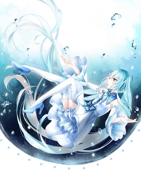 Anime picture 3107x3830 with vocaloid hatsune miku stari single tall image highres twintails absurdres very long hair aqua eyes aqua hair high heels zettai ryouiki underwater weightlessness girl thighhighs dress white thighhighs frills