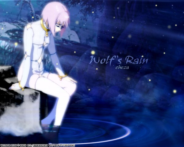 Anime picture 1280x1024 with wolfs rain studio bones cheza single short hair sitting signed pink hair eyes closed inscription third-party edit girl plant (plants) tree (trees) water bodysuit stone (stones) fireflies