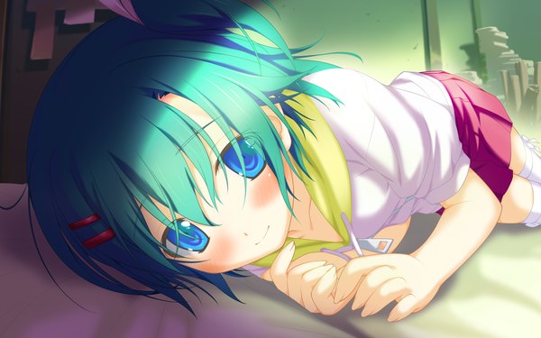 Anime picture 2048x1280 with irotoridori no sekai toumine tsukasa shida kazuhiro blush highres short hair blue eyes wide image game cg green hair loli girl