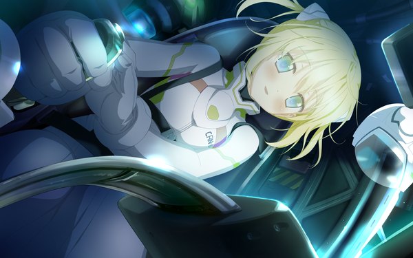 Anime picture 2048x1280 with astralair no shiroki towa corona (astralair no shiroki towa) blush highres short hair open mouth blue eyes blonde hair smile game cg girl hair ornament pilot suit