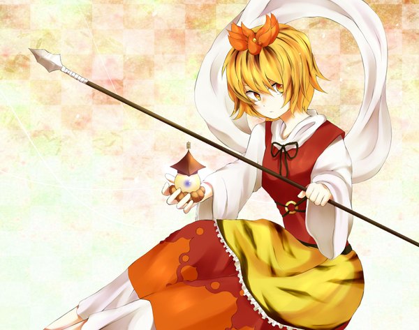 Anime picture 1900x1500 with touhou toramaru shou highres blonde hair yellow eyes hair flower girl hair ornament spear