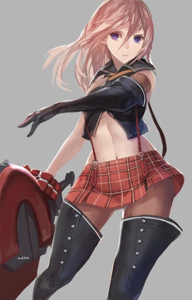 Anime picture 1063x1654 with god eater god eater burst ufotable alisa ilinichina amiella swd3e2 single long hair tall image simple background purple eyes signed looking away pink hair grey background plaid skirt girl skirt navel weapon miniskirt