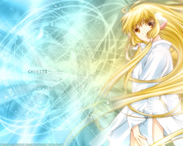 Anime picture 1280x1024 with chobits clamp chii ningen (nattoli) single long hair looking at viewer fringe blonde hair brown eyes parted lips third-party edit girl shirt white shirt