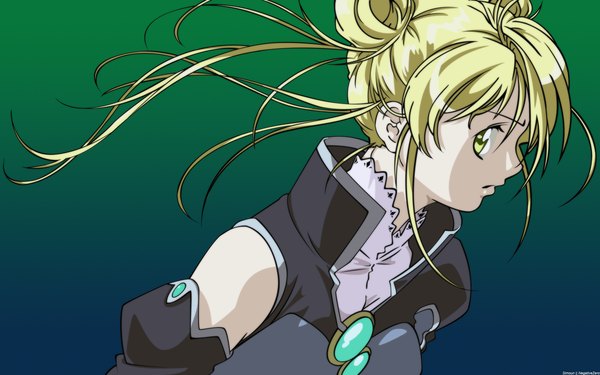 Anime picture 1920x1200 with simoun aeru negativezero single long hair highres blonde hair wide image green eyes signed upper body profile gradient background hair rings girl brooch