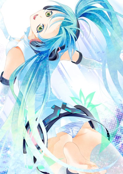 Anime picture 2480x3508 with vocaloid hatsune miku nyankichi tall image highres blue eyes light erotic twintails blue hair pantyshot girl underwear panties striped panties