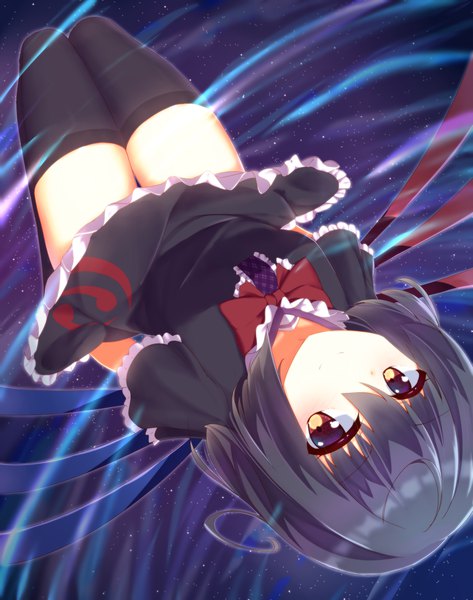 Anime picture 1500x1900 with touhou houjuu nue ddt (darktrident) single tall image looking at viewer fringe short hair black hair smile hair between eyes red eyes ahoge bent knee (knees) from above night dutch angle zettai ryouiki night sky hands behind back