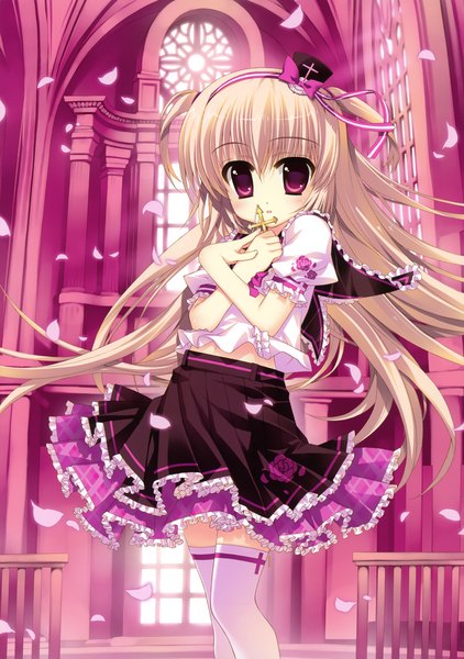 Anime picture 2460x3500 with fujima takuya single long hair tall image highres blonde hair red eyes loli girl thighhighs dress petals white thighhighs frills hairband cross