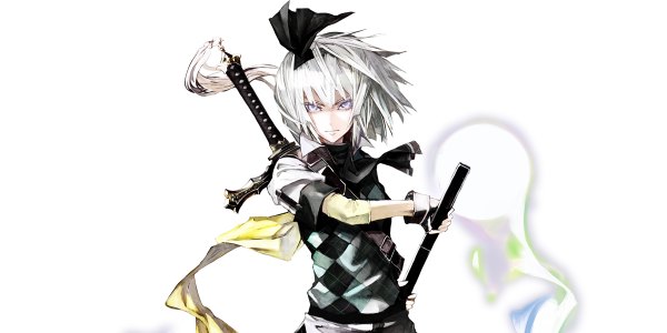 Anime picture 1200x600 with touhou koumajou densetsu konpaku youmu banpai akira single looking at viewer short hair simple background wide image white background purple eyes holding silver hair wind alternate costume serious dual wielding rhombus ready to draw girl