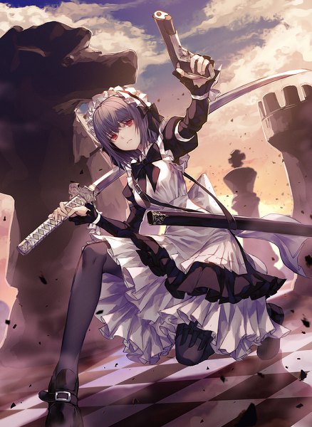 Anime picture 876x1200 with original wanke single tall image looking at viewer fringe short hair hair between eyes red eyes holding sky cloud (clouds) bent knee (knees) long sleeves grey hair maid outstretched arm fighting stance girl uniform