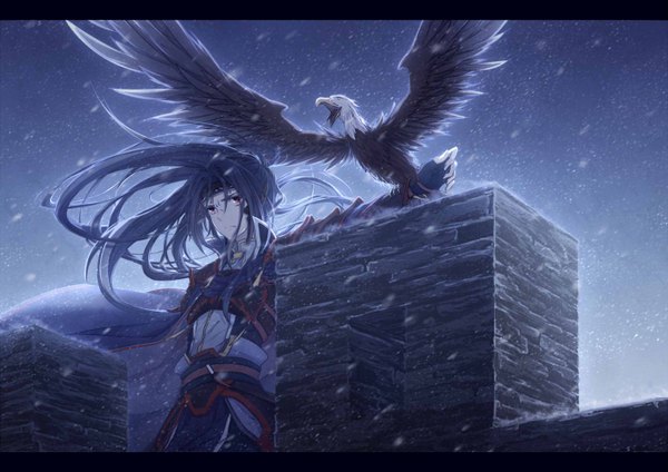 Anime picture 1414x1000 with axis powers hetalia studio deen china (hetalia) arsh long hair black hair red eyes standing looking away ponytail wind outstretched arm snowing winter serious boy gloves animal fingerless gloves bird (birds)