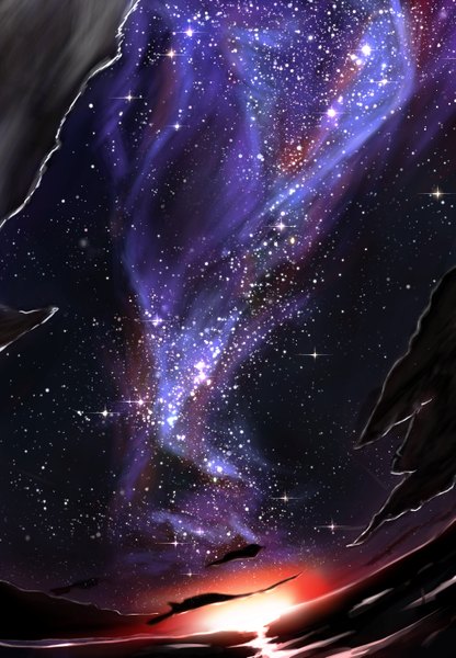 Anime picture 1945x2806 with original 8gou tall image highres cloud (clouds) sunlight night night sky evening sunset no people sunbeam constellation milky way star (stars) sun