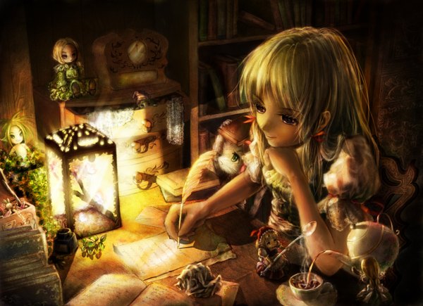 Anime picture 1300x944 with original miyai haruki long hair blonde hair purple eyes girl dress plant (plants) book (books) cup paper lamp doll (dolls) teapot