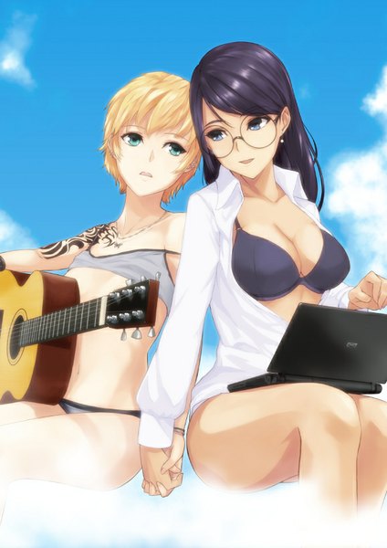 Anime picture 579x819 with original din (raiden) long hair tall image short hair breasts blue eyes light erotic black hair blonde hair multiple girls sky cloud (clouds) open clothes open shirt girl 2 girls swimsuit bikini shirt