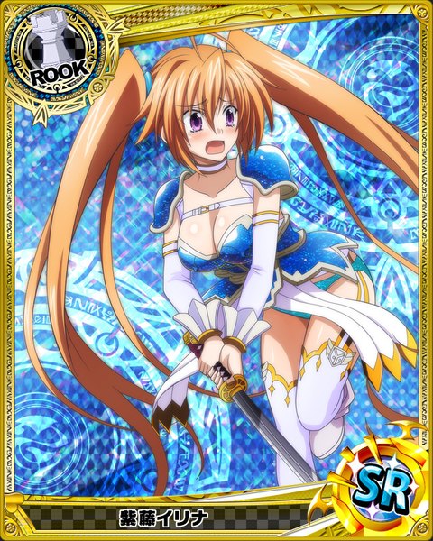 Anime picture 640x800 with highschool dxd shidou irina single tall image blush breasts open mouth light erotic brown hair purple eyes twintails looking away cleavage very long hair card (medium) girl thighhighs dress weapon detached sleeves