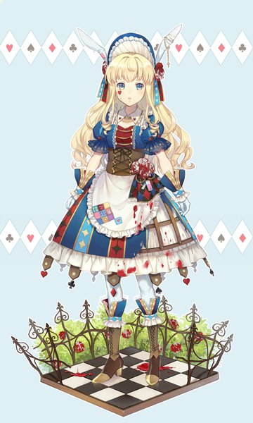 Anime picture 1421x2366 with alice in wonderland alice (wonderland) ekita xuan single long hair tall image looking at viewer blush fringe open mouth blue eyes blonde hair simple background standing animal ears full body :o short sleeves high heels bunny ears