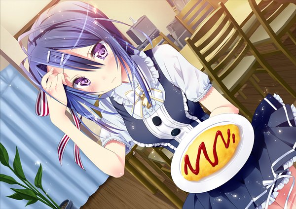 Anime picture 1024x725 with friends (game) single blush short hair purple eyes blue hair game cg girl uniform hair ornament school uniform food bobby pin omelet omurice