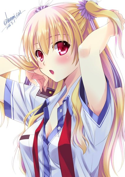 Anime picture 600x849 with eiyuu densetsu alisa reinford kurumi cat single long hair tall image looking at viewer blush fringe breasts open mouth light erotic simple background blonde hair hair between eyes red eyes white background signed cleavage upper body