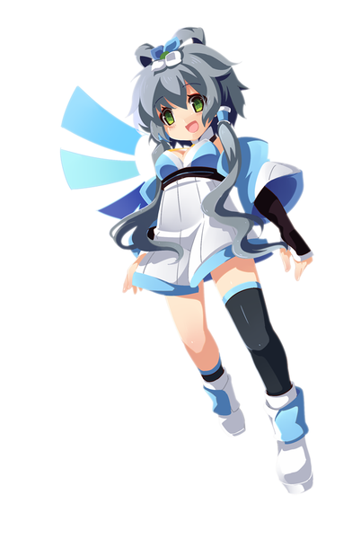 Anime picture 653x1000 with vocaloid vocaloid china luo tianyi kaka cheung single long hair tall image blush fringe breasts open mouth simple background smile white background twintails green eyes grey hair low twintails girl thighhighs