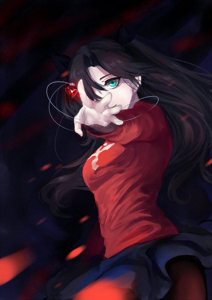 Anime picture 1600x2262 with fate (series) fate/stay night type-moon toosaka rin hujitaumi single long hair tall image looking at viewer black hair simple background smile standing twintails aqua eyes dark background girl pendant cross crystal