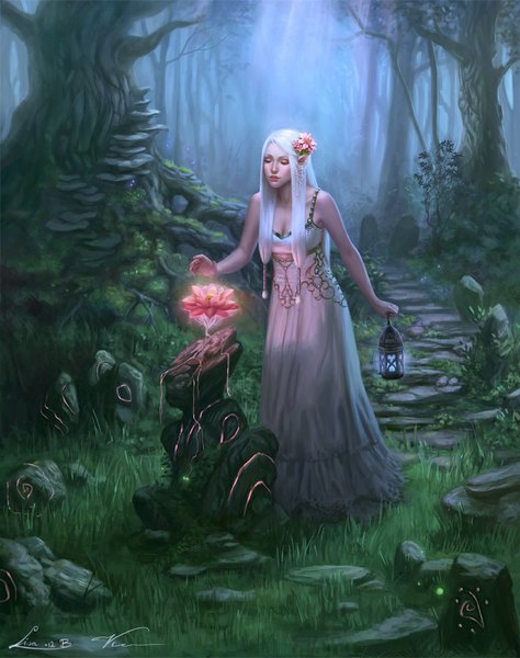 Anime picture 850x1075 with zolaida (artist) single long hair tall image white hair hair flower lips pointy ears realistic elf girl dress hair ornament flower (flowers) plant (plants) tree (trees) forest lantern