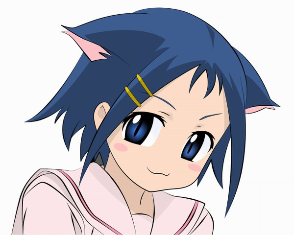 Anime picture 1280x1024 with saki ikeda kana single looking at viewer blush short hair blue eyes smile white background animal ears payot blue hair upper body head tilt cat ears cat girl happy close-up face vector