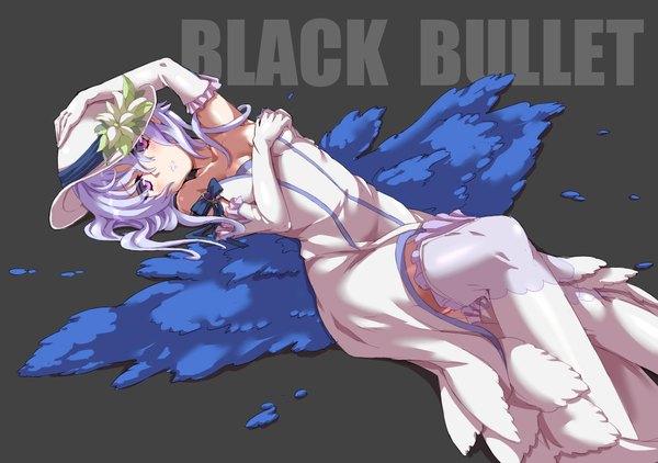 Anime picture 1913x1346 with black bullet kinema citrus seitenshi (black bullet) sirills single looking at viewer blush fringe highres short hair breasts purple eyes purple hair lying light smile hand on chest hand on head covering covering breasts girl