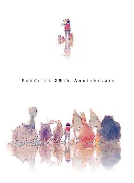 Anime picture 1399x1913 with pokemon nintendo pikachu red (pokemon) charizard charmander lapras snorlax pidgeot pidgey nidoran nidoking mebari tall image short hair black hair simple background white background from behind copyright name