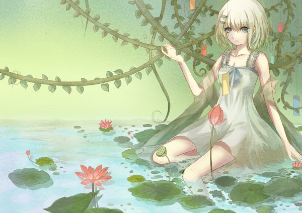 Anime picture 1500x1060 with date a live tobiichi origami vowscat single looking at viewer blush short hair blue eyes sitting bare shoulders white hair gradient background soaking feet tanabata girl dress hair ornament flower (flowers) bow ribbon (ribbons)
