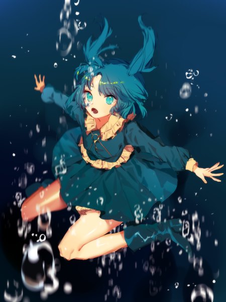 Anime picture 900x1200 with touhou kawashiro nitori tian (my dear) single tall image looking at viewer fringe short hair open mouth blue hair aqua eyes from above two side up wariza spread arms underwater girl skirt boots bubble (bubbles)