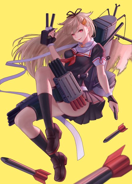 Anime picture 858x1200 with kantai collection yuudachi destroyer aya (star) single long hair tall image looking at viewer light erotic simple background blonde hair red eyes ass pleated skirt yellow background upskirt remodel (kantai collection) girl skirt gloves hair ornament