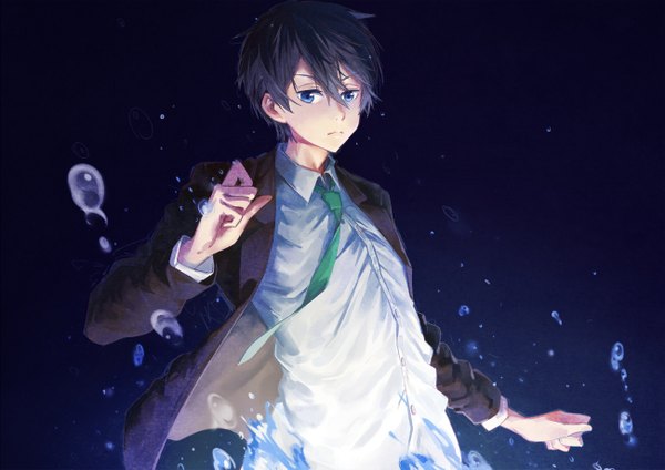 Anime picture 1300x919 with free! kyoto animation nanase haruka (free!) cici single looking at viewer short hair blue eyes black hair boy shirt necktie jacket bubble (bubbles) water drop