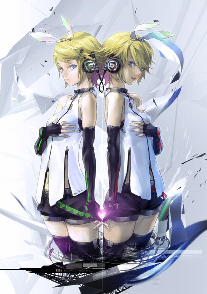 Anime picture 1054x1500 with vocaloid kagamine rin redjuice tall image fringe short hair breasts light erotic blonde hair smile aqua eyes dual persona sad different reflection girl thighhighs gloves hair ornament black thighhighs elbow gloves