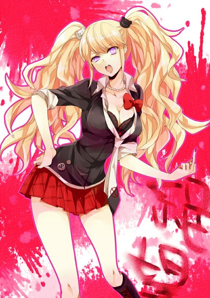 Anime picture 800x1131 with dangan ronpa enoshima junko shirako miso single tall image looking at viewer fringe breasts open mouth blonde hair large breasts twintails cleavage nail polish pink eyes fingernails text wavy hair long fingernails fucked silly