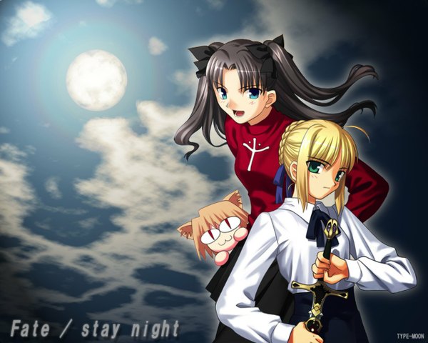 Anime picture 1280x1024 with fate (series) fate/stay night studio deen type-moon artoria pendragon (all) saber matou sakura sword