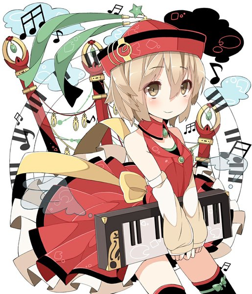 Anime picture 858x1000 with touhou lyrica prismriver chitetan single tall image blush short hair blonde hair smile white background bare shoulders brown eyes girl thighhighs black thighhighs hat detached sleeves musical note synthesizer