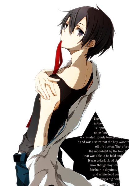 Anime picture 700x1008 with sword art online a-1 pictures kirigaya kazuto tsukimori usako single tall image looking at viewer short hair black hair simple background white background bare shoulders holding from above black eyes text mouth hold english boy star (symbol)