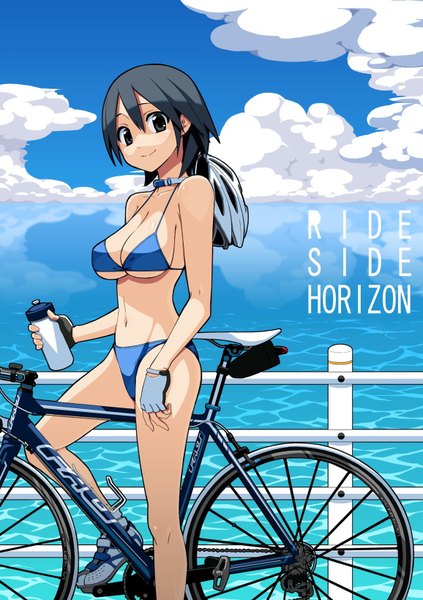 Anime picture 1155x1640 with original fujimaru (bluebrand) long hair tall image black hair smile cloud (clouds) ponytail black eyes girl navel swimsuit bikini fingerless gloves ground vehicle helmet bicycle bicycle helmet