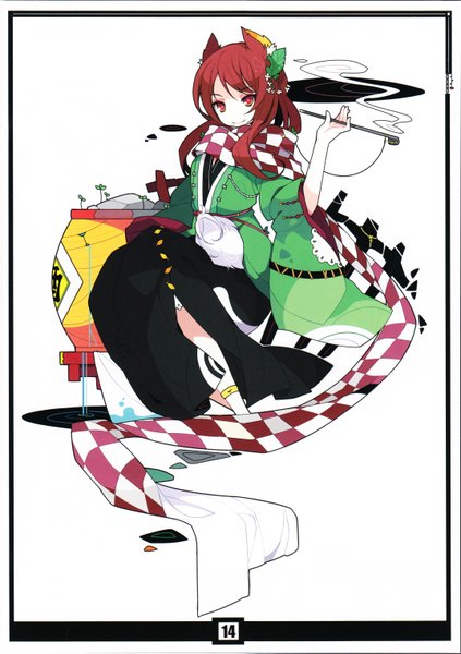 Anime picture 4296x6097 with touhou futatsuiwa mamizou ideolo single long hair tall image looking at viewer highres smile red eyes white background sitting animal ears absurdres red hair scan smoke checkered scarf girl scarf